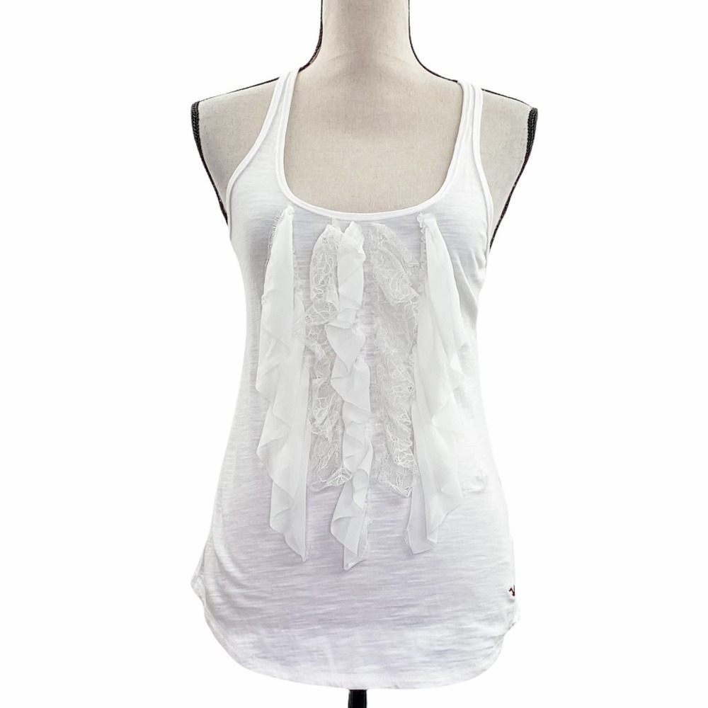 HOLLISTER Solid White Ruffled Front Sleeveless Burnout Racerback Tank Top